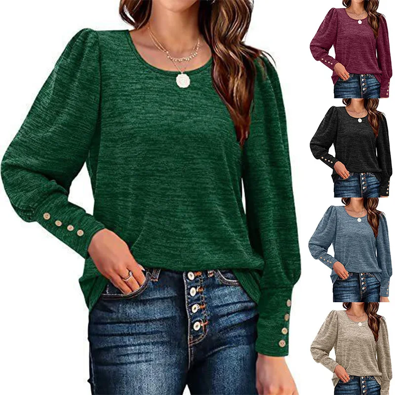 

Свободные повседневные Модные женские топы на осень и зиму, футболка с круглым вырезом и рукавом-пузырьком, топ на пуговицах, женская одежда, футболки, блузы 23673