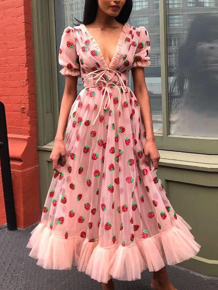 

Женское милое платье с клубничным принтом, Сетчатое элегантное праздничное платье средней длины с высокой талией и пышными рукавами, розовое платье принцессы