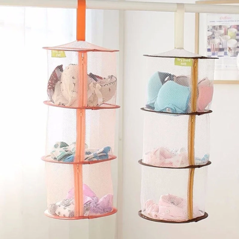 

Windproof Underwear Clothes Basket Three-Layer Zipper Hanging Basket Folding Multi-Layer Drying Rack Mesh Clothes Basket