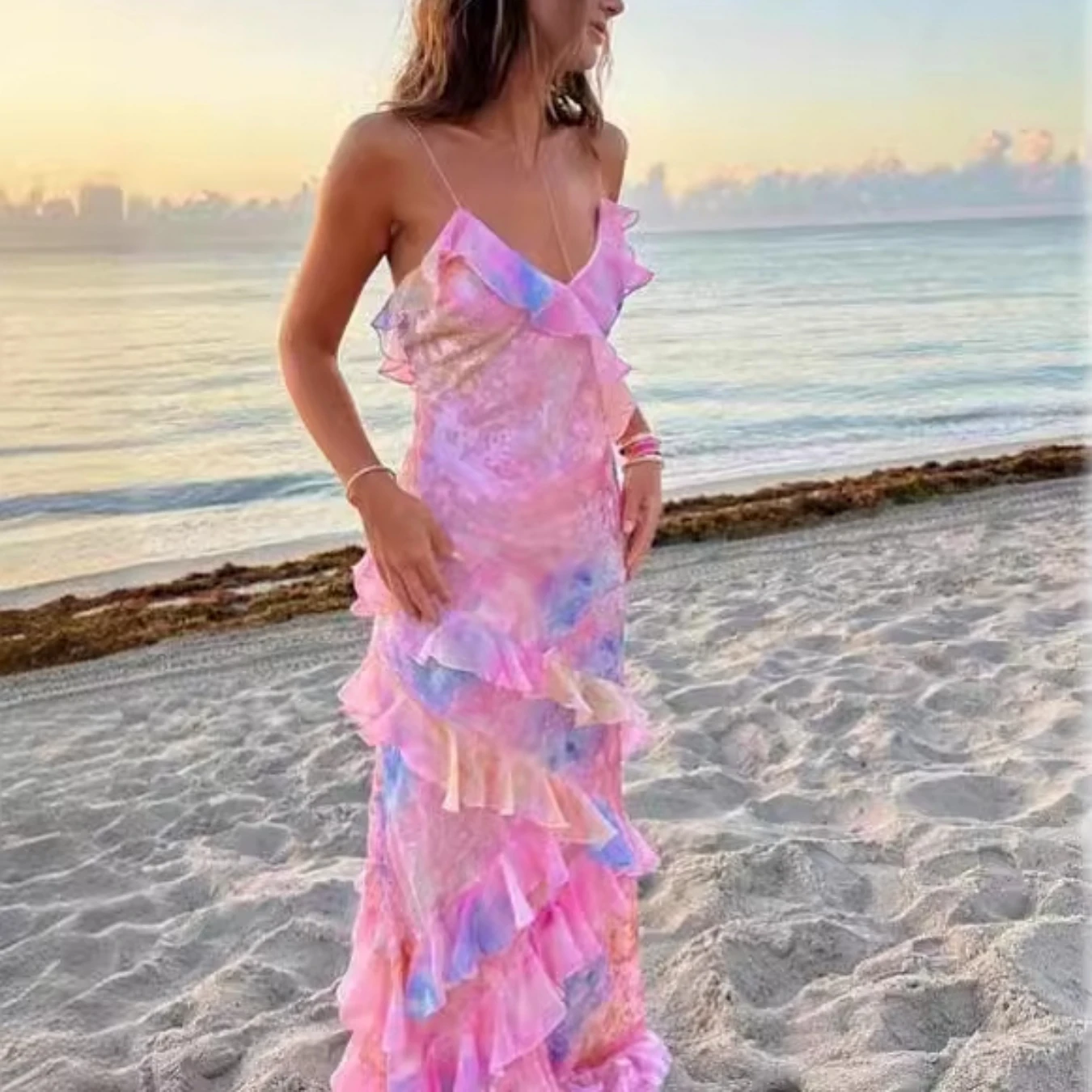 Модная юбка Mikydely с принтом и оборками сексуальное платье лямкой на шее открытой