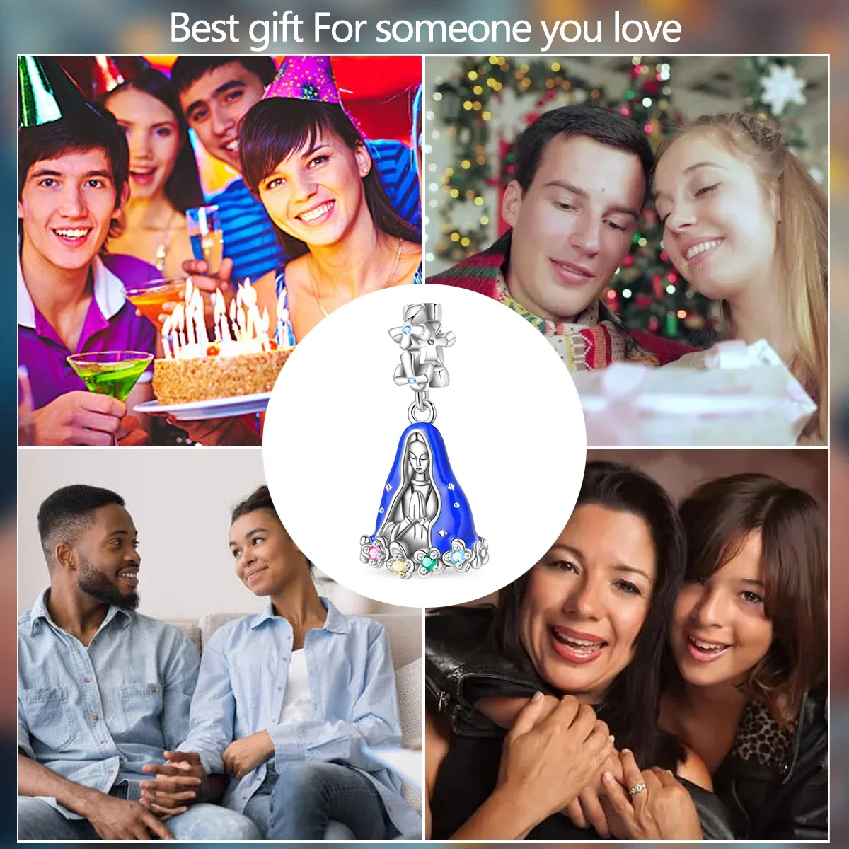 S925 Silver Original Our Lady The Virgin Charms Beads Fit Pandora Bracelet Blue Series Pendant Bead Fine Jewelry for Women Gifts