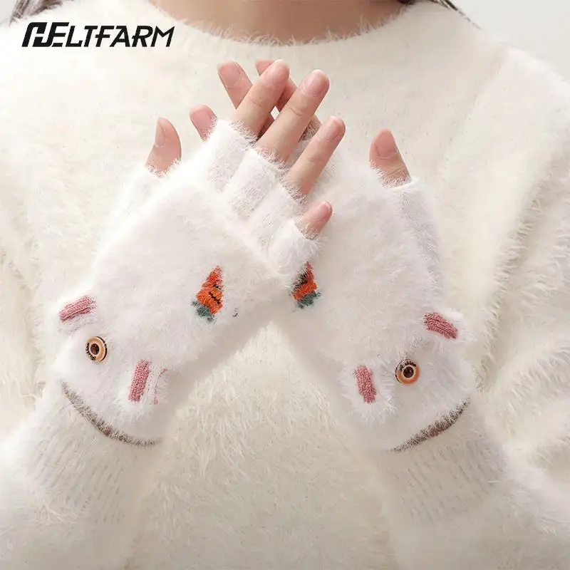 

Women Winter Gloves Knitted Mittens Cat Claw Fluffy Touch Screen Driving Fingerless Gloves Half Finger Velvet Rabbit Ears Gloves