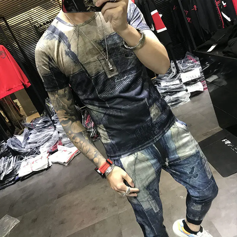 New men's summer short sleeve camouflage suit Korean fashion handsome casual printed pants two-piece set