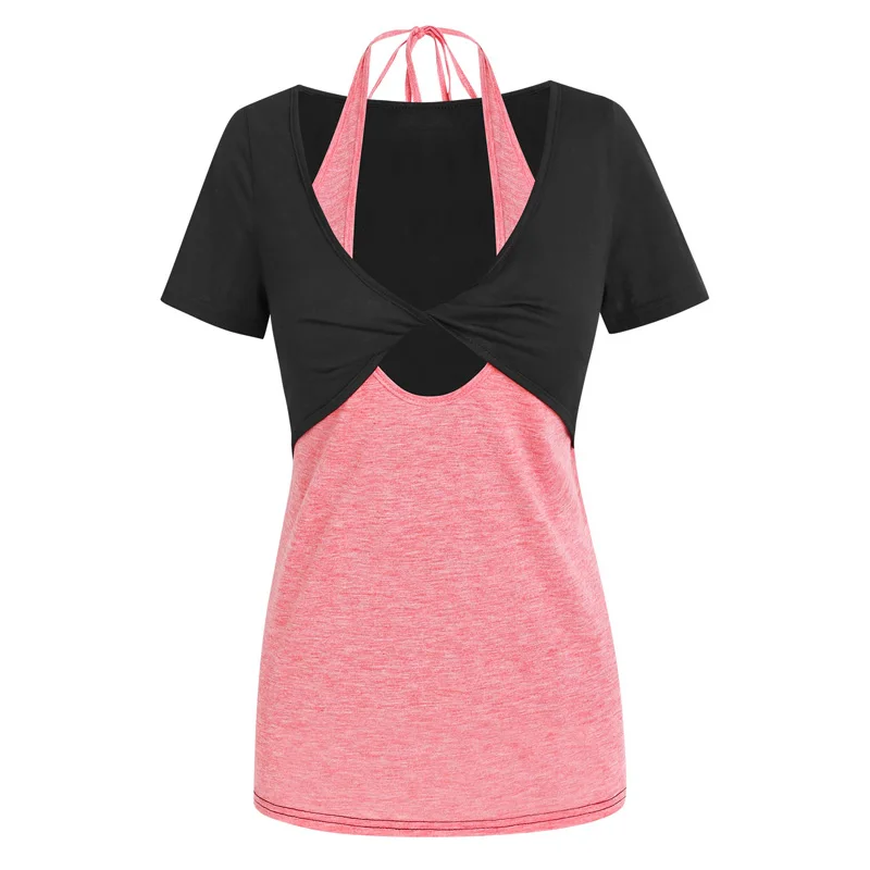 

Halter Front Twist Faux Twinset Tee 2 In 1 Twofer Top Casual T-Shirts Women Girl Student Short Sleeve T-Shirt For Summer