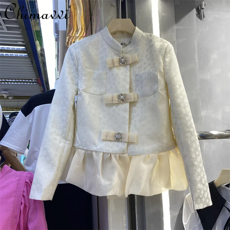 

European Style 2022 Spring Fashion Round Neck Chinese Style Buckle Ruffled Hem Stitching Short Coat Loose Slim Elegant Jacket