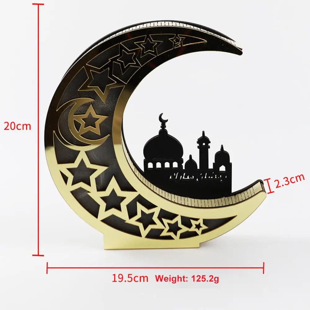 

Wooden Eid Mubarak Mirror Golden Moon Castle Hollow Letters With LED Lights Dining Table Decoration