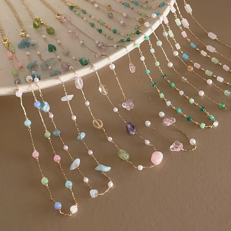 

Minar Bohemia Multiple Multicolor Irregular Natural Stone Crystal Charm Necklace for Women Gold Chain Strand Chokers Necklaces