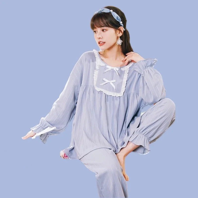 Cute Pajamas Set Full-Sleeve T-shirt Long Pants 2Piece/Set Sexy Pyjama Big Size Sweet Princess Homewear Cozy Plus Sleepwear