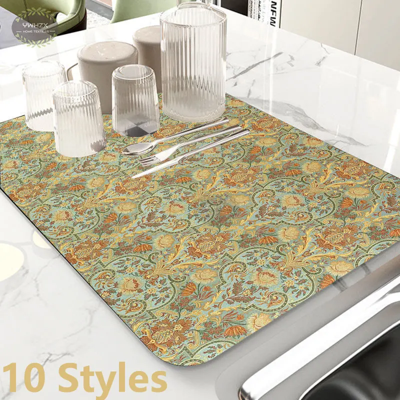 

Floral Print Drying Mat Drainer Diatom Mud Anti-Slip Super Absorbent Kitchen Dinnerware Coffee Bar Dish Drain Pad Placemat Tool