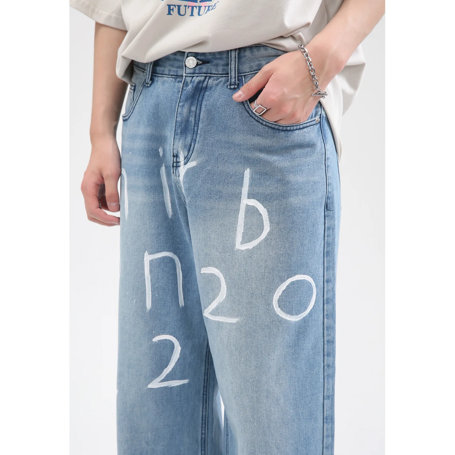 Four Seasons Korean Version Loose Letters Hand-painted Design Pattern Jeans Men's Wide Leg Pants Men's Streetwear Ins Hot Sale