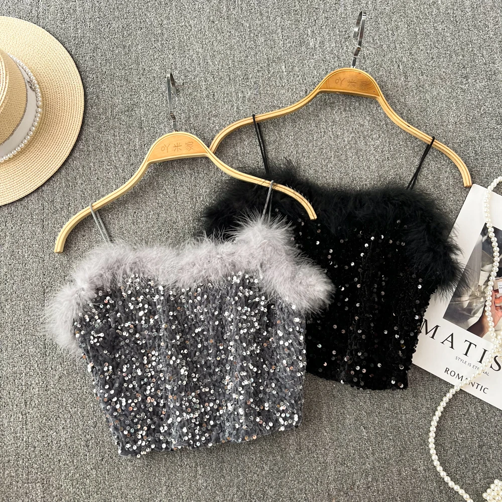 

Sexy Hair Patchwork Camisole Sequins Female Camis Spicy Girl Beading Tank Chic Sleeveless Crop Top Women Clothes Dropshipping