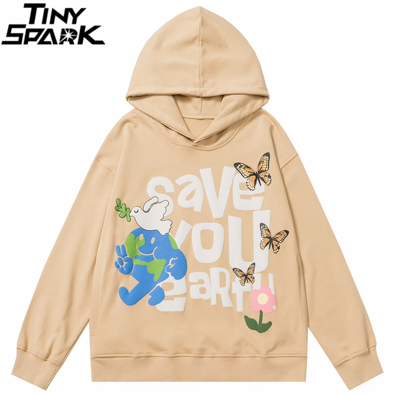 

2022 Hoodie Sweatshirt Men Streetwear Save Earth Butterfly Graphic Hooded Pullover Cotton Harajuku Floral Hoodie Hip Hop Clothes
