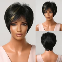 black bob synthetic wigs with short pixie cut bangs bleach blonde highlight straight wig heat resistant for women daily party