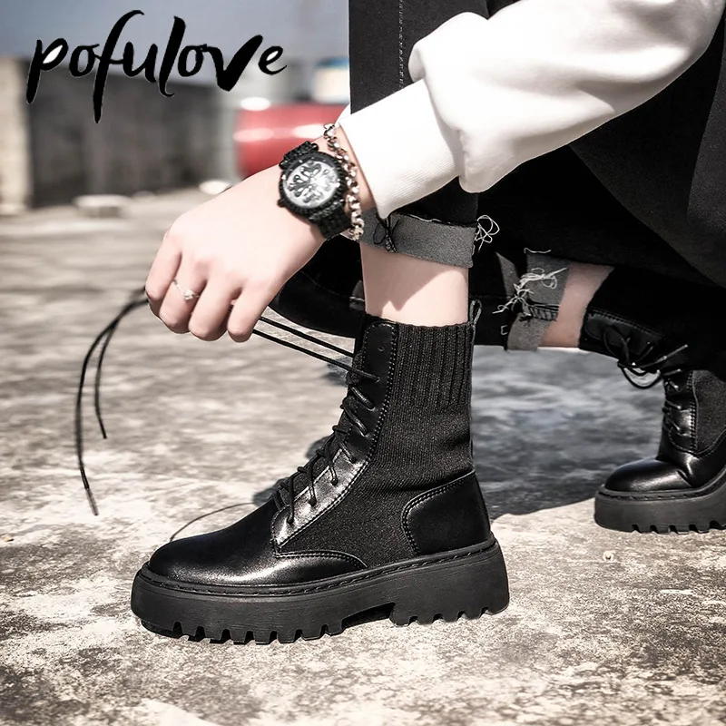 

Pofulove Women Goth Boots Black PU Leather Punk Motorcycle Fashion Platform Chunky Woman Shoes Winter Autumn Zapato