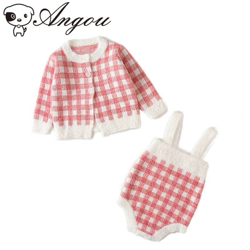 

Angou Infant Baby Girls Plaid Suit Knitted Cardigan + Romper Suit 2pcs Princess Sweet Baby Girls Spring Autumn Suit Clothes