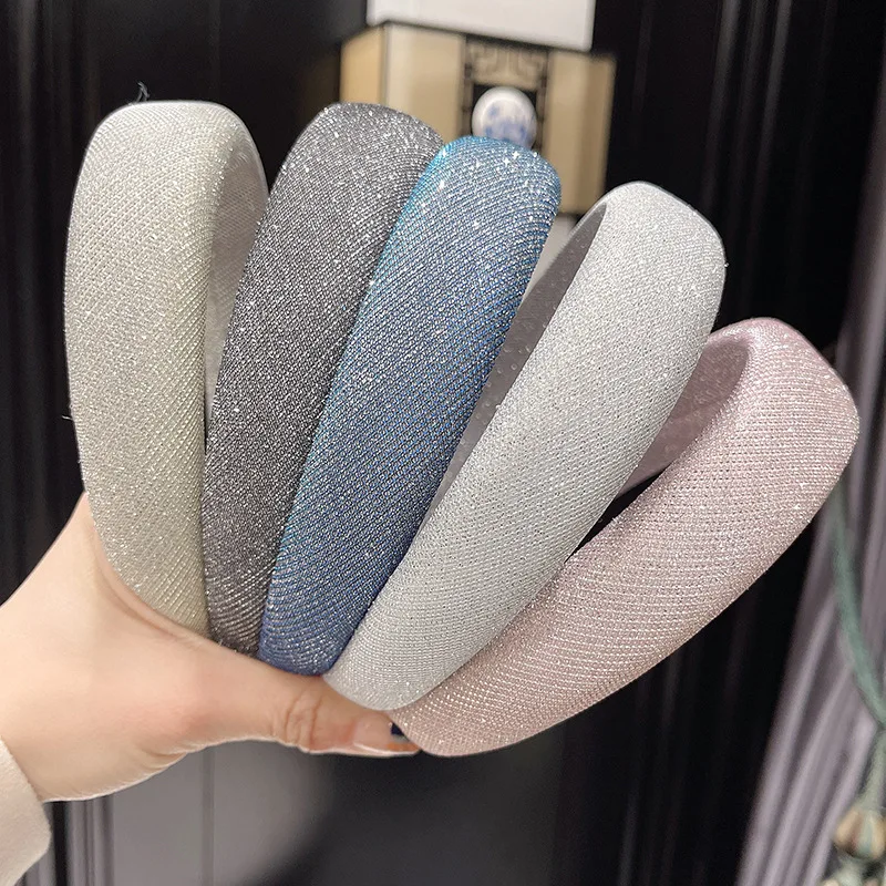 

New European and American Style Glitter Fabric Wide Hairband Shiny Solid Color Plain Padded Headband Women Fashion Hair Hoop