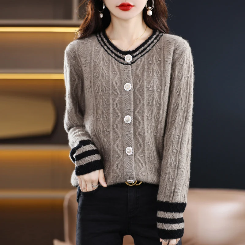 100% Pure Wool Cardigan Women's Autumn And Winter New Loose Round Neck Temperament Knitted Sweater Long-Sleeved Bottoming Coat