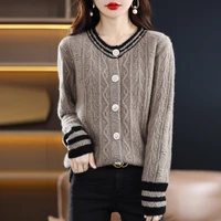 100 pure wool cardigan womens autumn and winter new loose round neck temperament knitted sweater long sleeved bottoming coat
