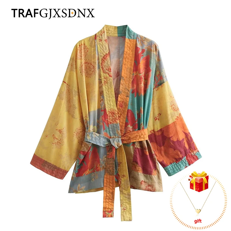 

TRAF GJXSDNX Women Vintage Cloth Patchwork Print Loose Belt Kimono Smock Blouse Female Cardigan Shirts Chic Chemise Blusas Tops