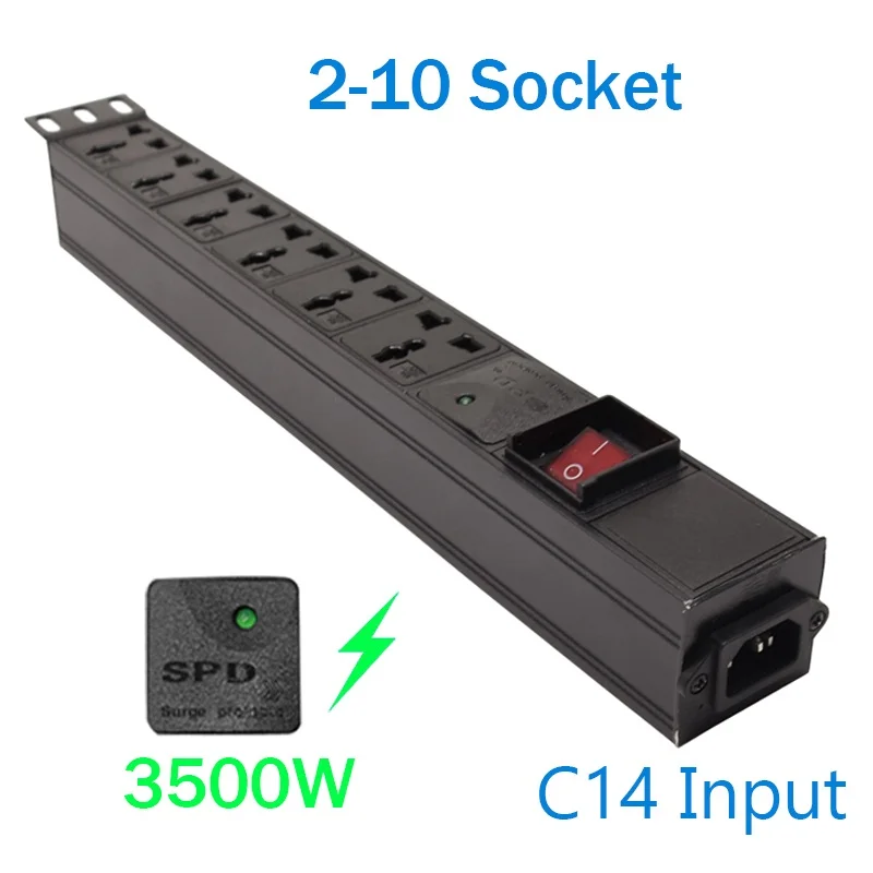 

Aluminium Alloy PDU Power Strip C14 Input Power Port Extension Socket With Switch + Surge Protection 2-10 Socket