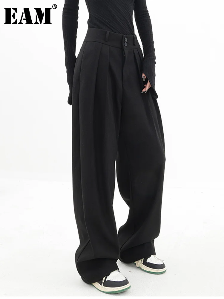 

[EAM] High Waist Black Pleated Casaul Long Wide Leg Pants New Loose Fit Trousers Women Fashion Tide Spring Autumn 2023 1DF4269