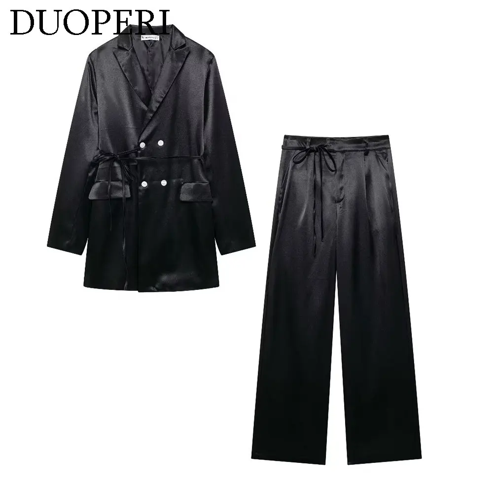 Duoperi Женский Модный Текстурированный Черный Пиджак И Брюки Комплект С Высокой