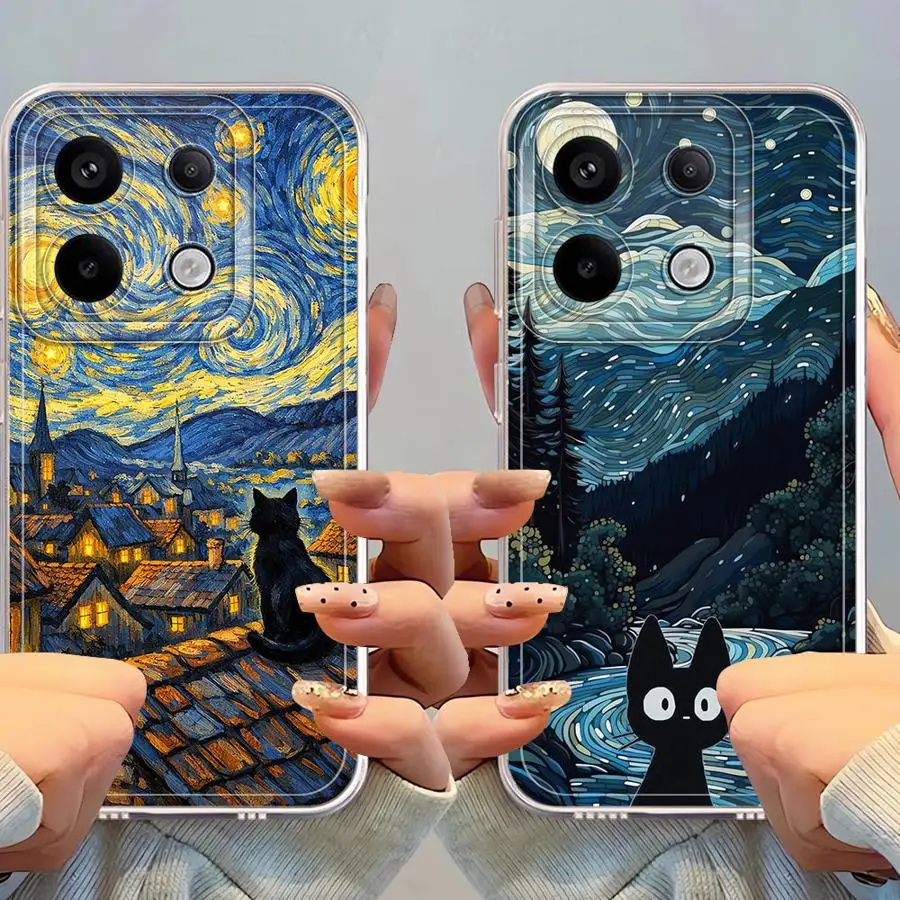 Фото Чехол для Xiaomi Redmi Note 14 Pro Plus 11 9 10 A4 11S 13C 12S 10S Note 13 14C 12, мягкий чехол для телефона, Ван Гог, Звездная ночь, Кот №5