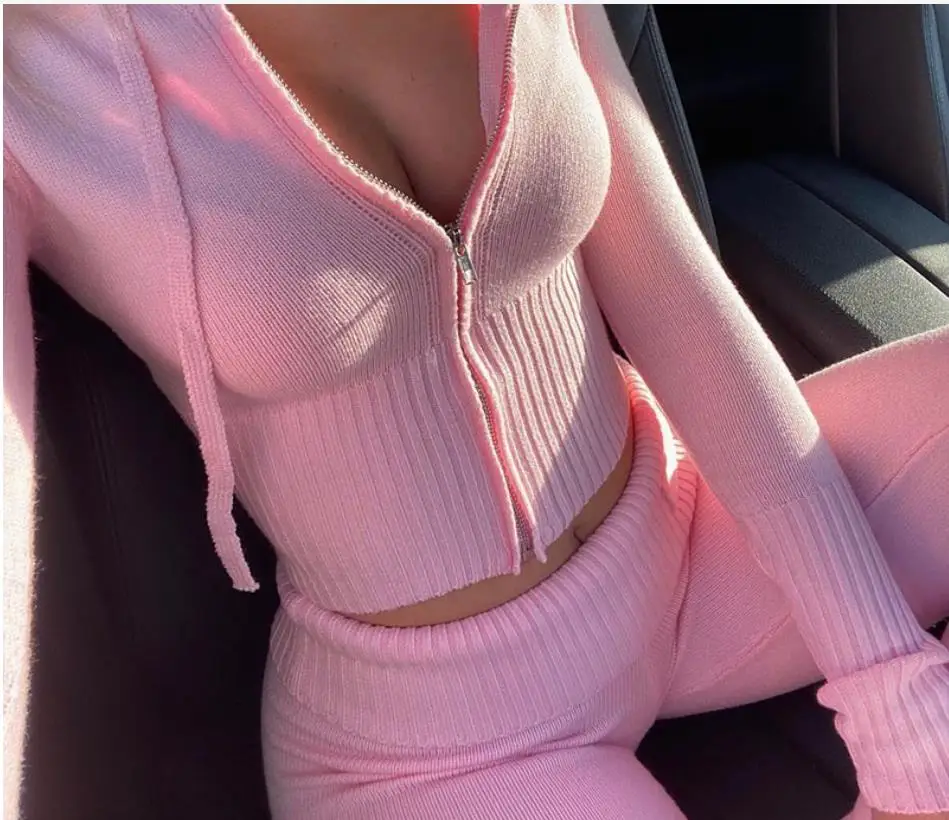 

Женский весенний комплект из 2 предметов, Повседневный свитер на молнии с капюшоном и брюки-клеш с высокой талией, розовый трикотажный комплект Y2k