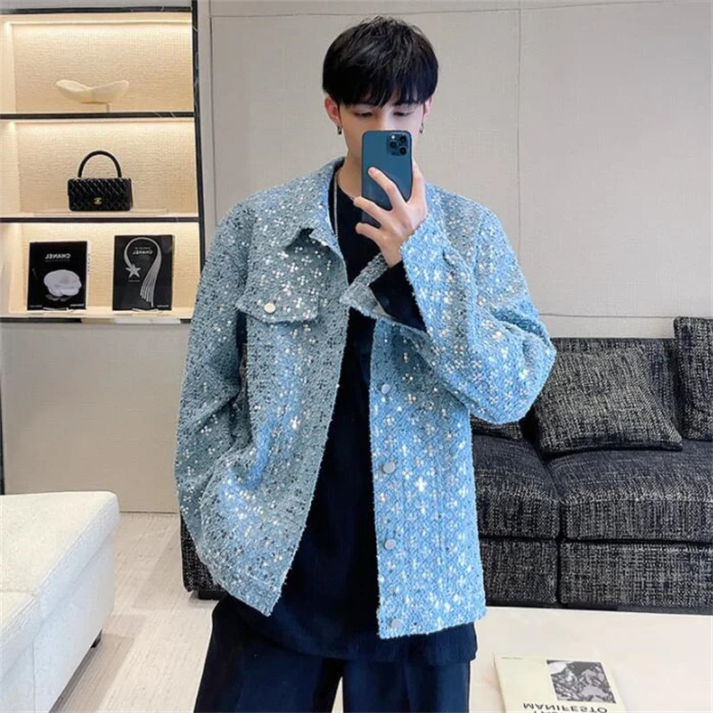 Spring mens denim jacket embroidery sequin coat new personality design heavy industry shape casual jaqueta masculina sky blue