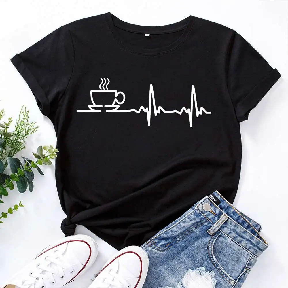 

Coffee Heartbeat Print T Shirt Women Short Sleeve O Neck Loose Tshirt 2022 Summer Women Tee Shirt Tops Camisetas Mujer Femme Top