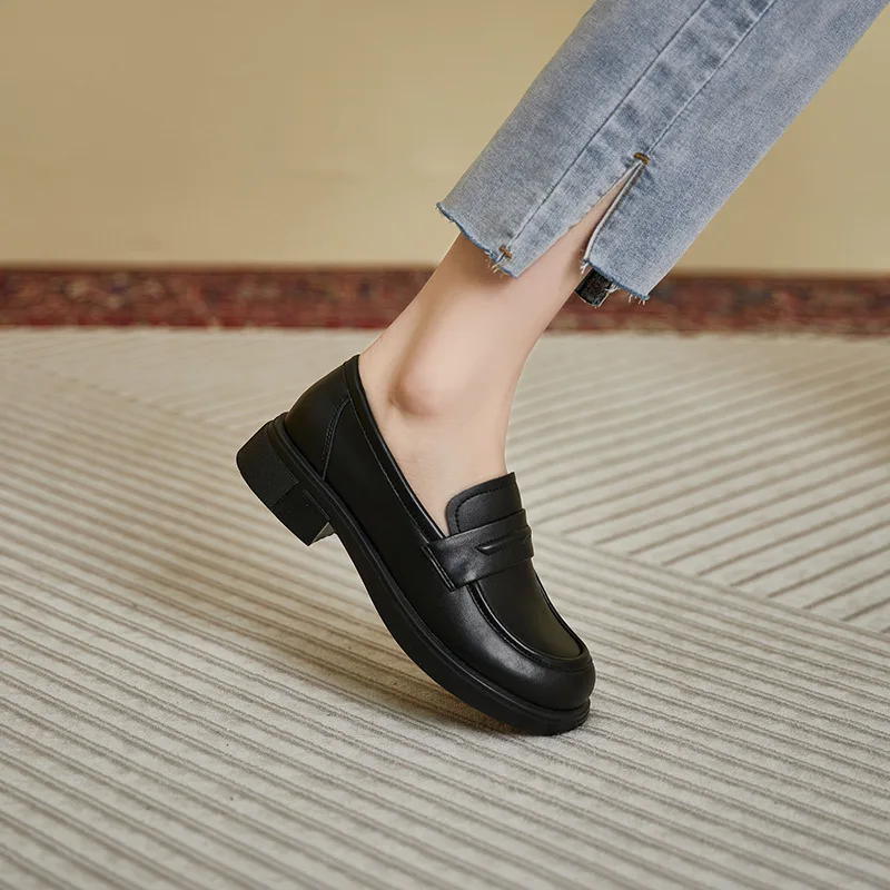 Genuine Leather Small Leather Shoes Women's Black Spring 2023 New British Style Versatile Casual Loafers Women's Single Shoes
