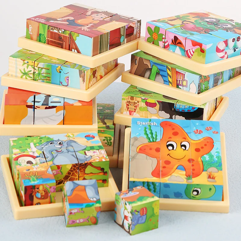 

9pcs Six-sided Painting Blocks Children's 3D Three-dimensional Assembled Wooden Toys Kids Puzzle Toys Early Education Gifts