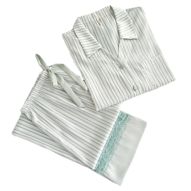 QWEEK Stripe Women's Satin Pajamas Cardigan Trouser Suits Blue Pink Turn-down Collar Home Summer Nightie Casual Room Wear