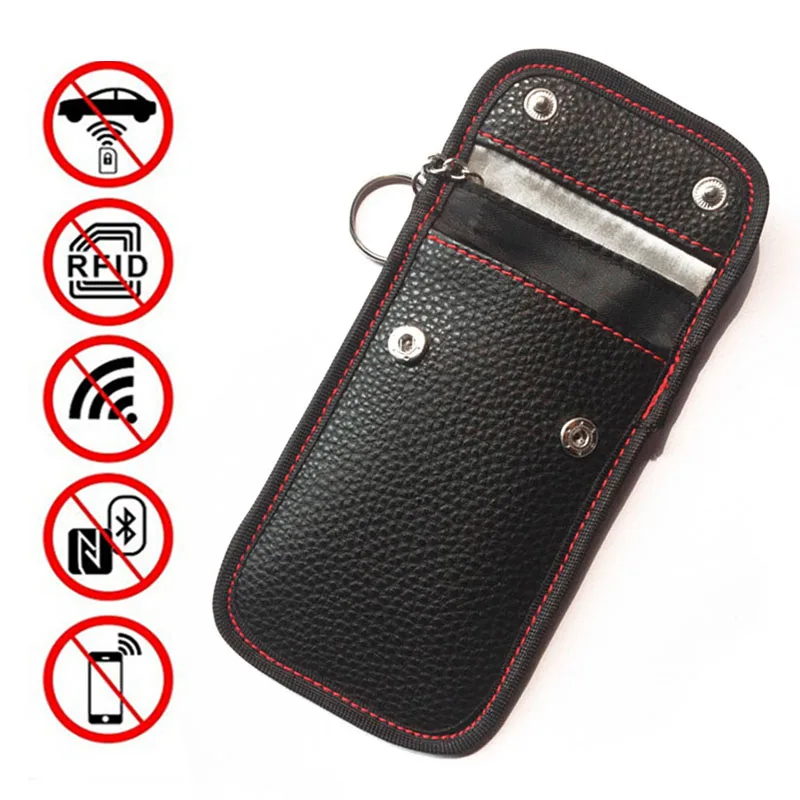 

Mini Leather Car Key Bag Anti-theft Signal Blocking Double Square Key Pouch Case Car General Interior Key Organizer