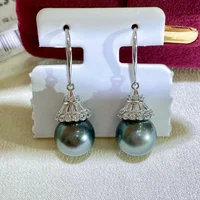 Fashion 925 Sterling Silver 11-12mm Pearl Earrings Real Tahitian Round Black Pearl Drop Earrings Fine Wedding Party Jewelry