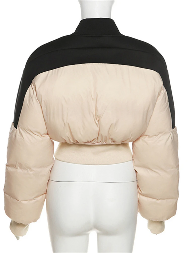 Contrast Color Cotton-padded Jacket Coat Women Fashion Thicken Long Sleeve Zip Up Crop Tops Autumn Winter 2022 Streetwear
