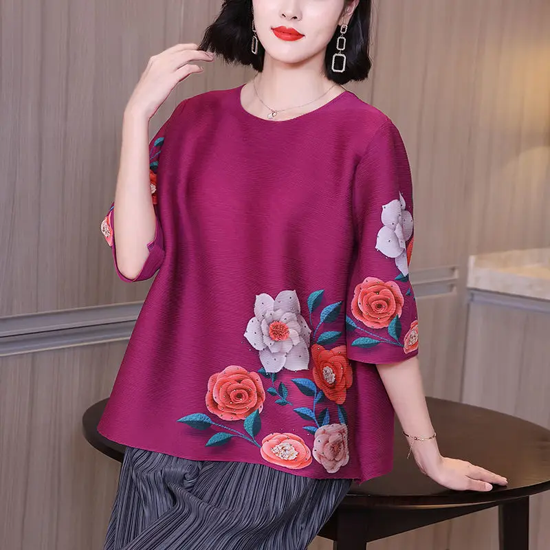 

Fashion foreign air printing loose large size cover belly age mother T-shirt tide folding blouse 2022 summer t shirt clothing