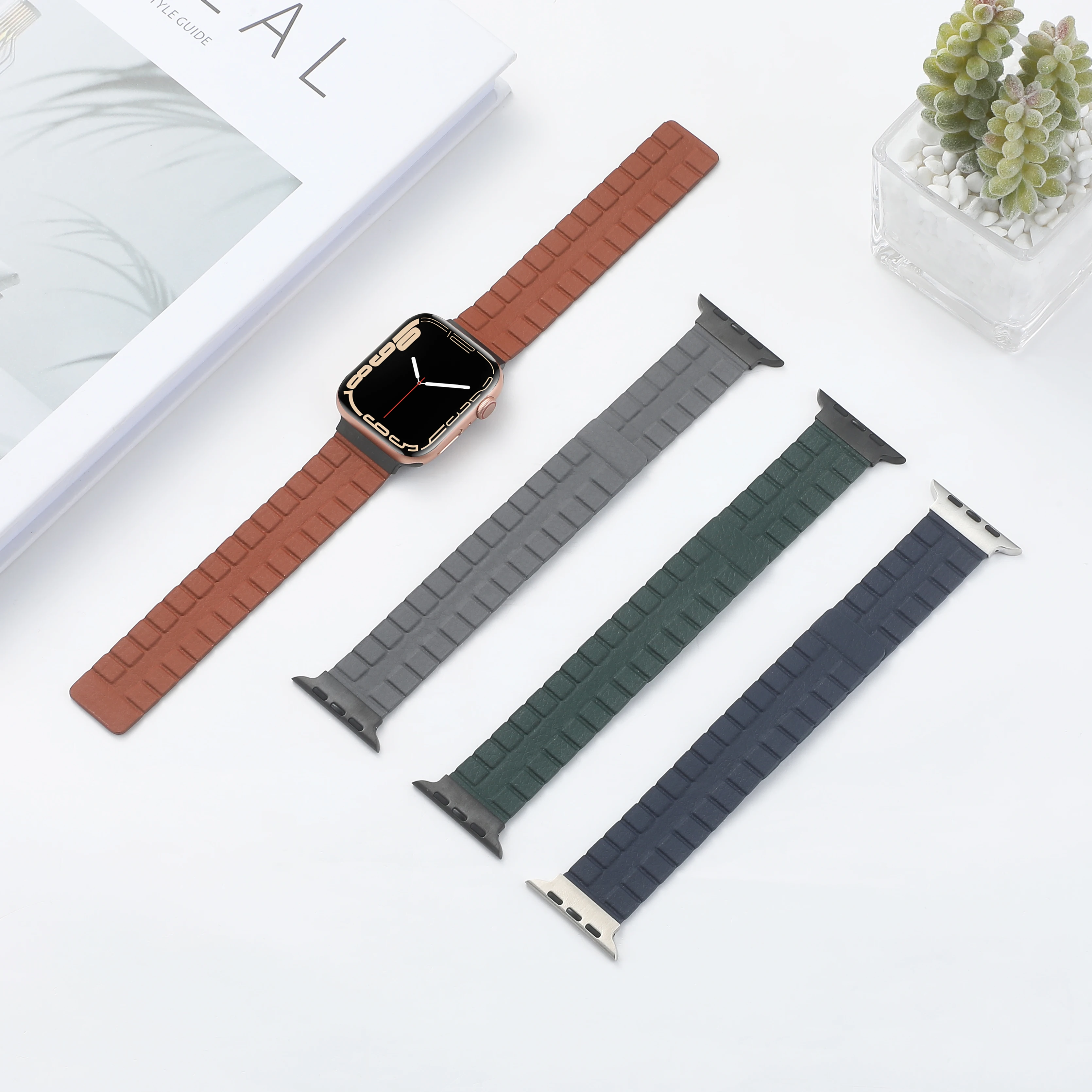 Leather strap for apple watch band 44mm 45mm 49mm 40 41mm 42mm 38mm Magnetic absorption bracelet iWatch series 7 6 se 8 5 ultra