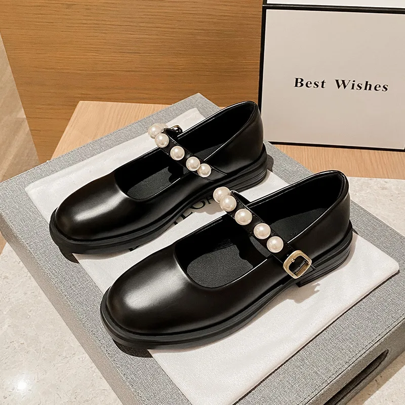 

Туфли женские на низком каблуке 3 см, туфли-лодочки с круглым носком, обувь Мэри Джейн JK для косплея, кожаная обувь на плоской подошве с жемчу...