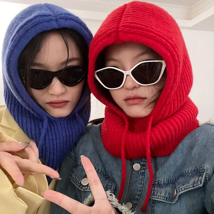 

Зимние женские шапки унисекс, вязаная шапка с капюшоном и воротником, облегающая шапка для мужчин и женщин, цельные шапки со шнурком, теплая ...