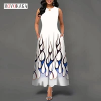 movokaka white elegant casual women dresses party beach long summer dress for women sleeveless loose flame printed vintage dress