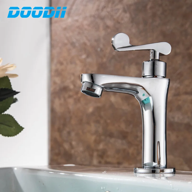 

Doodii Free Shipping Chrome Finish Single Lever Home Bathroom Basin Faucet Spout Sink Cold Water Tap Kitchen Faucet Mixer Tap