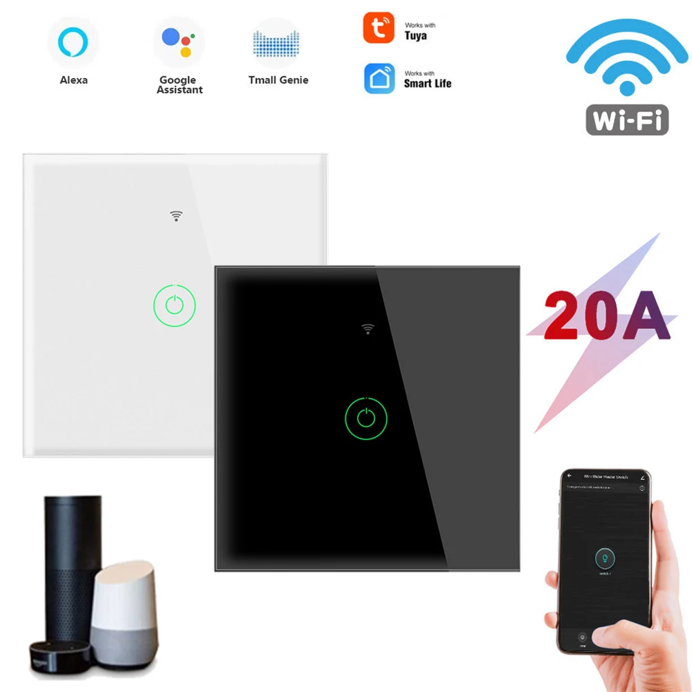 Купи EU Standard Smart Switch WiFi Tuya 20A High-Power Relay Smart Zero-Fire Touch ON/OFF Mobile Phone Remote Alexa Voice Control за 932 рублей в магазине AliExpress