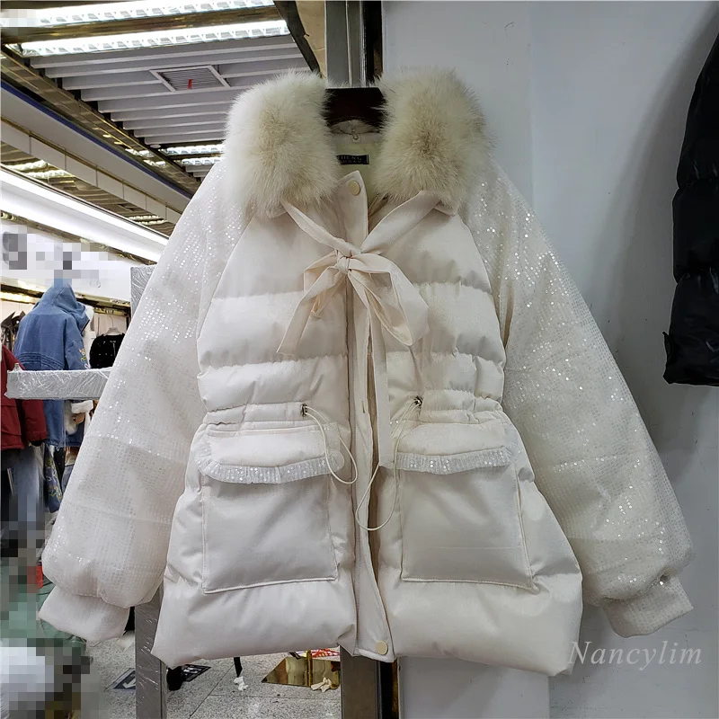 White Down Cotton-Padded Jacket Women New Winter Korean Loose Mid-Length Parkas Genuine Sequined Red Coat Fur Collar Students