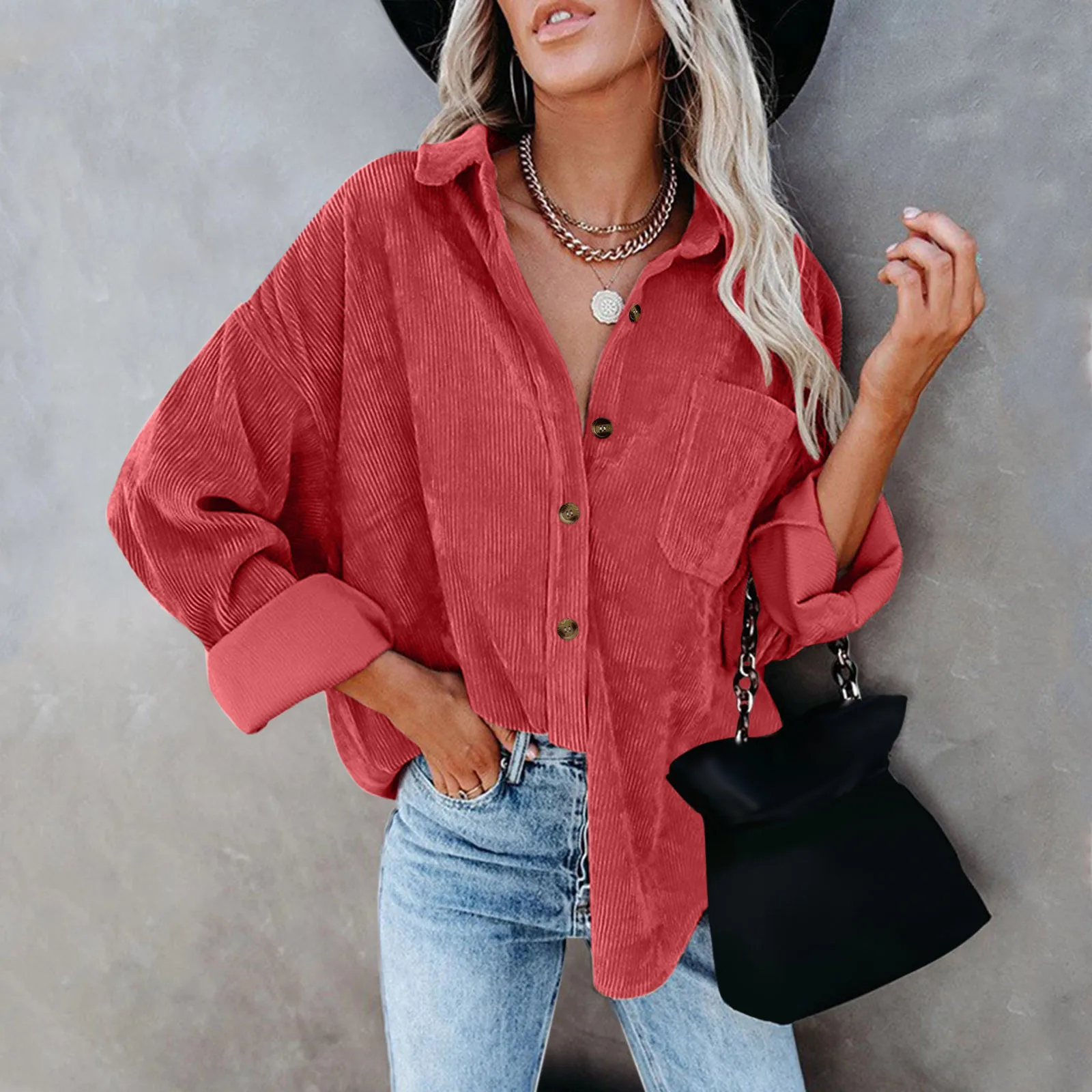 Womens Corduroy Button Down Blouse Oversized Tee Tops Long Sleeve Warm Jacket With Pockets Streetwear Shirt Vintage Clothes