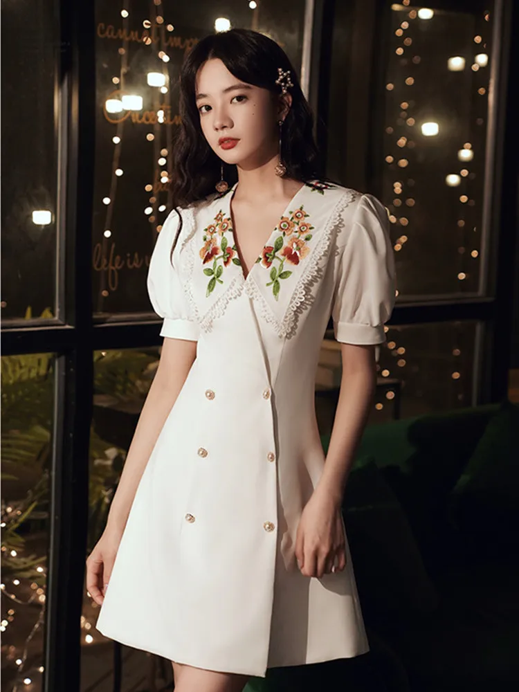 

AIGYPTOS White Shirt Dress For Women Vintage Elegant Slim Midi Dress Flower Embroidery V-Neck Double Breasted Korean Short Dress