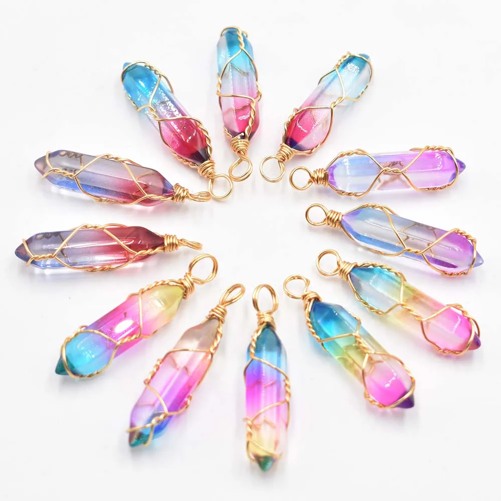 

New Fashion crystal colorfull pillar Handmade copper wire pendant for jewelry pendants making 12pcs/lot Wholesale free shipping