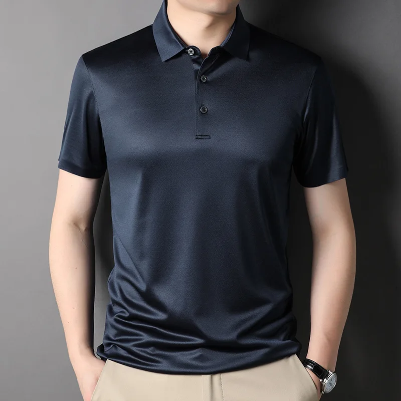 

Рубашка-поло мужская из шелка тутового шелкопряда, роскошная тонкая сорочка с коротким рукавом, деловой Повседневный Простой Топ, однотонная, 3XL, лето 2023