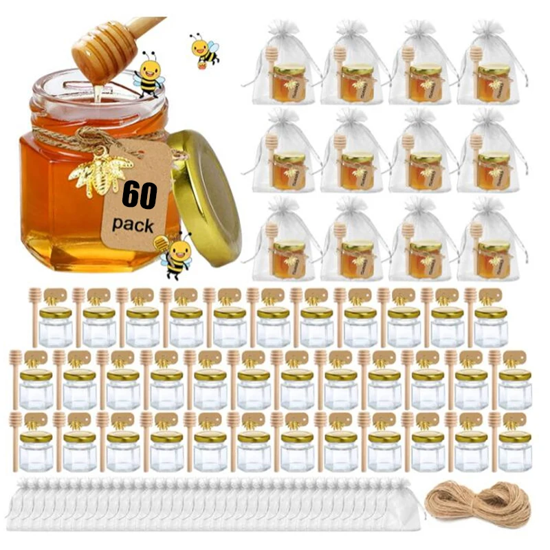 1.5oz  60 Pack Mini Honey Jars Party Favors in Bulk with Dipper Gold Lids Cute Bee Pendants Gift Bags and Jute for Baby Shower