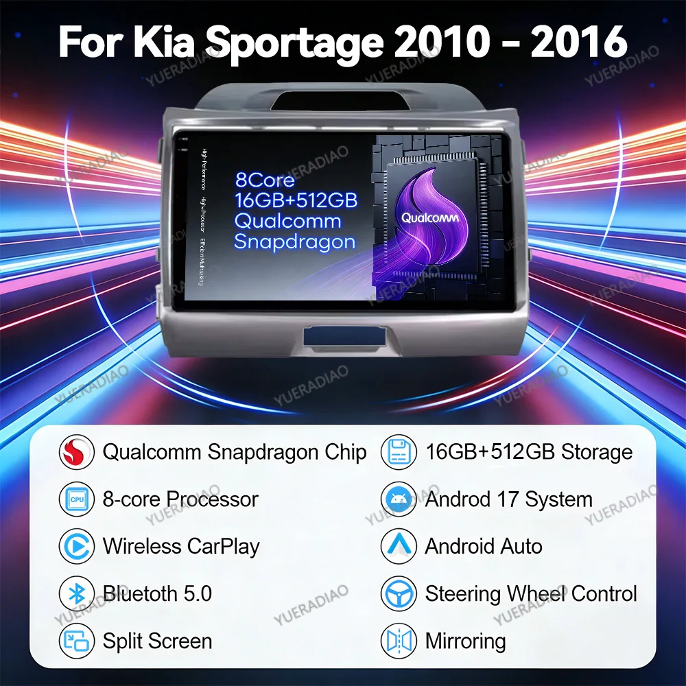 Фото Автомагнитола Android 17 для Kia Sportage 3 SL 2010-2016, мультимедийный видеоплеер QLED, 4G LTE, 5G WIFI, GPS NAVI, 2DIN, Qualcomm №1